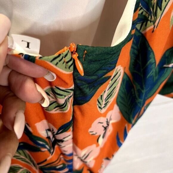 Shein Floral Print Lantern Sleeve Cut Out Asymmetrical Neck Ruffle Hem - Picture 11 of 12